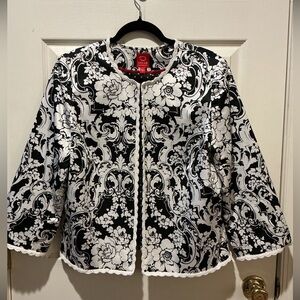 Oscar De La Renta Black White Damask Cropped Jacket Crocheted Trim Woman Size 14